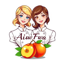 A logo design featuring two female chefs, one with blonde hair and blue eyes, the other with brunette hair and brown eyes