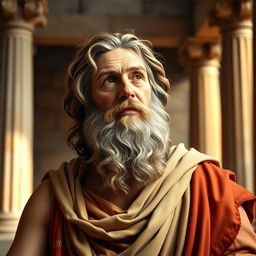 A portrait of Aristotle, depicted as a wise ancient philosopher with a thoughtful expression, wearing a traditional Greek toga