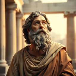 A portrait of Aristotle, depicted as a wise ancient philosopher with a thoughtful expression, wearing a traditional Greek toga
