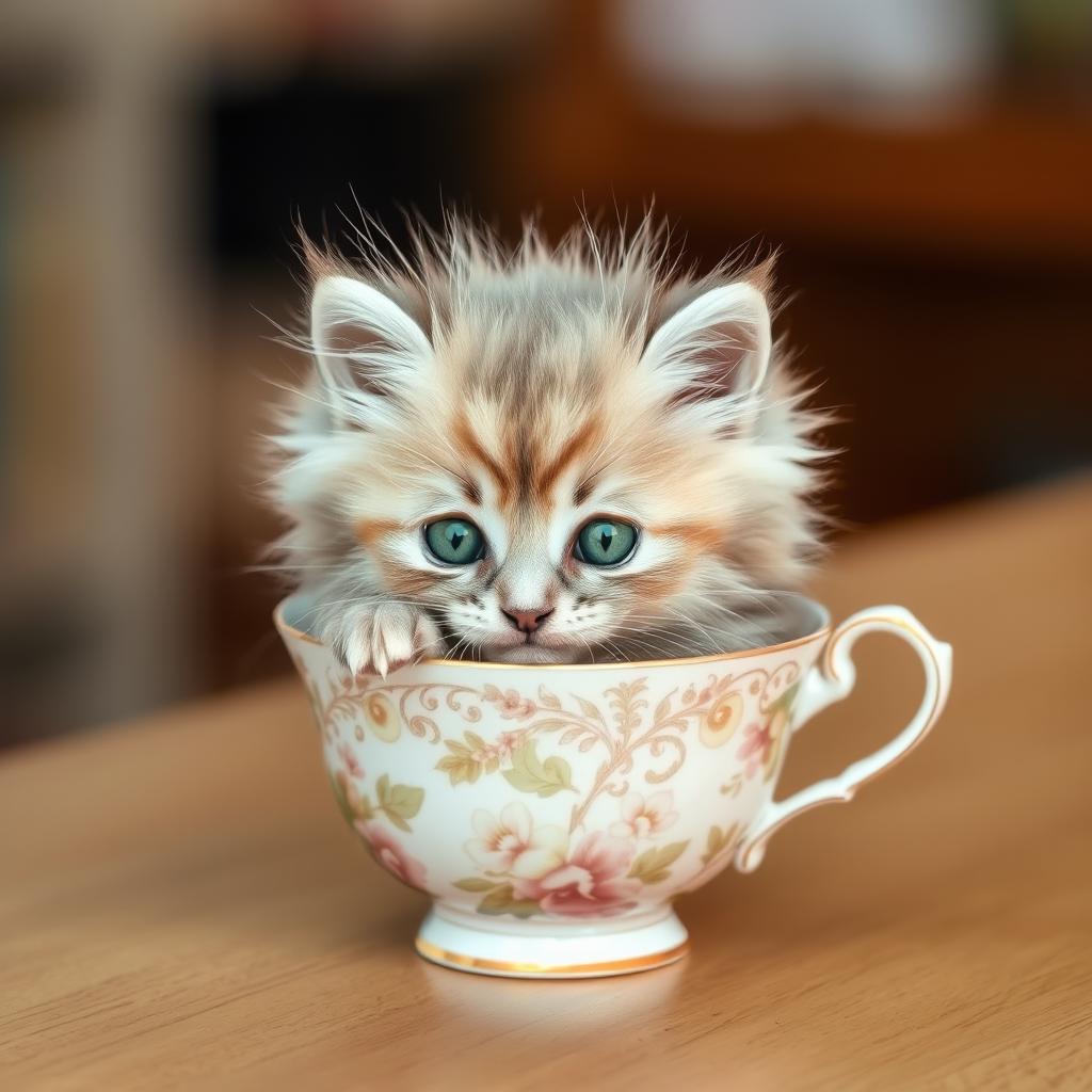 A raw photograph of an adorable, fluffy kitten nestled comfortably inside a delicate teacup