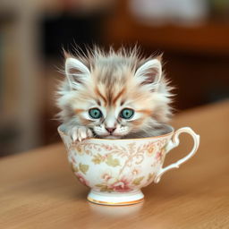 A raw photograph of an adorable, fluffy kitten nestled comfortably inside a delicate teacup