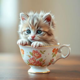 A raw photograph of an adorable, fluffy kitten nestled comfortably inside a delicate teacup