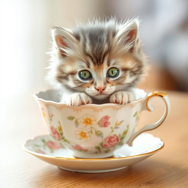 A raw photograph of an adorable, fluffy kitten nestled comfortably inside a delicate teacup