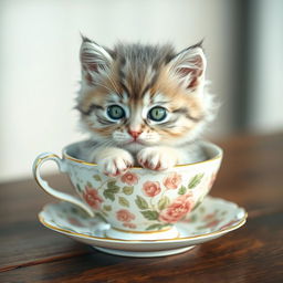 A raw photograph of an adorable, fluffy kitten nestled comfortably inside a delicate teacup