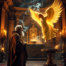 A dramatic scene inside an ancient temple filled with beautiful golden altar and intricate religious artifacts