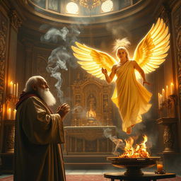 A dramatic scene inside an ancient temple filled with beautiful golden altar and intricate religious artifacts