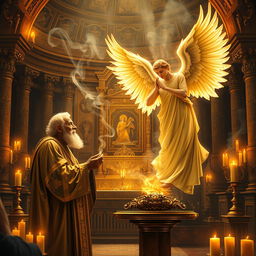 A dramatic scene inside an ancient temple filled with beautiful golden altar and intricate religious artifacts