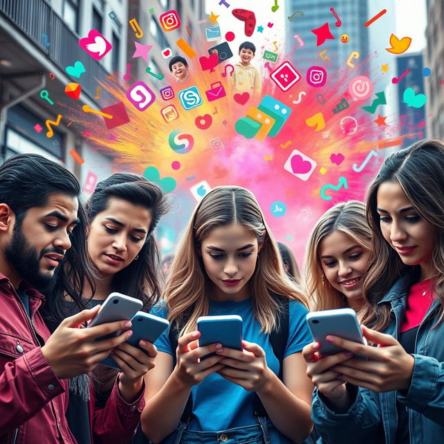 A vibrant and dynamic scene depicting the psychological impact of TikTok, featuring a diverse group of young adults watching their phones intently