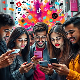 A vibrant and dynamic scene depicting the psychological impact of TikTok, featuring a diverse group of young adults watching their phones intently