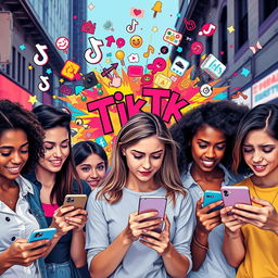 A vibrant and dynamic scene depicting the psychological impact of TikTok, featuring a diverse group of young adults watching their phones intently