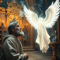 An ethereal scene depicting the biblical moment when the angel Gabriel appears to Zechariah while he is burning incense in the Temple of God
