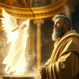 An ethereal scene depicting the biblical moment when the angel Gabriel appears to Zechariah while he is burning incense in the Temple of God