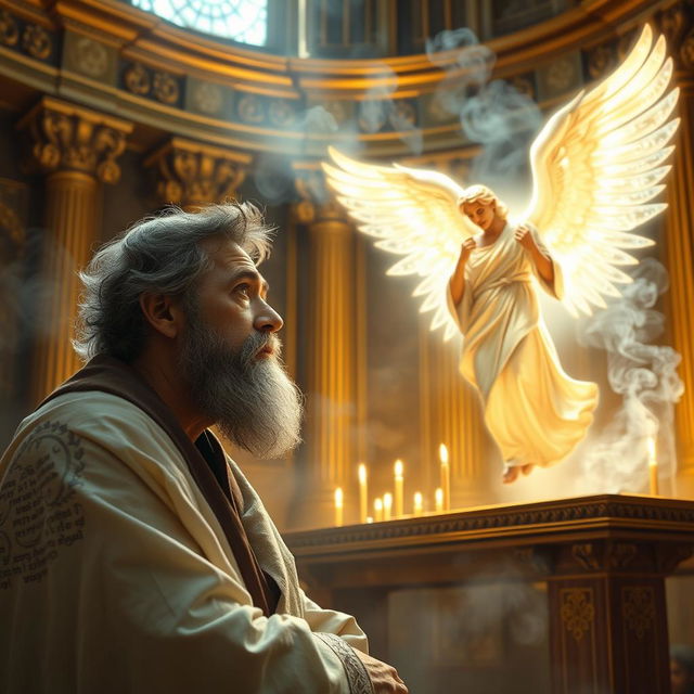 An ethereal scene depicting the biblical moment when the angel Gabriel appears to Zechariah while he is burning incense in the Temple of God