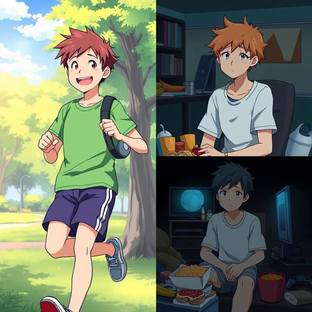 An anime scene showcasing a teenager living a healthy lifestyle, depicted with vibrant colors, engaging in activities like jogging in a park, smiling, and surrounded by greenery, embodying happiness and vitality