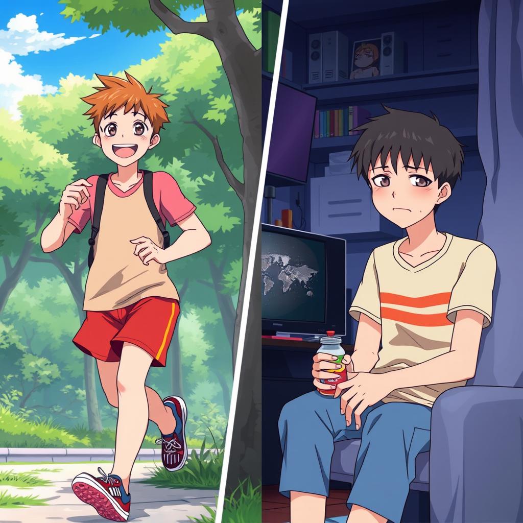 An anime scene showcasing a teenager living a healthy lifestyle, depicted with vibrant colors, engaging in activities like jogging in a park, smiling, and surrounded by greenery, embodying happiness and vitality