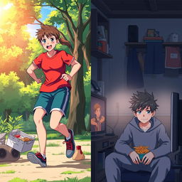 An anime scene showcasing a teenager living a healthy lifestyle, depicted with vibrant colors, engaging in activities like jogging in a park, smiling, and surrounded by greenery, embodying happiness and vitality