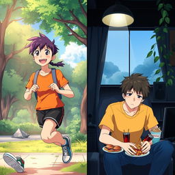 An anime scene showcasing a teenager living a healthy lifestyle, depicted with vibrant colors, engaging in activities like jogging in a park, smiling, and surrounded by greenery, embodying happiness and vitality