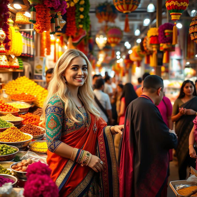 A beautiful blonde woman wearing a colorful traditional Indian outfit, shopping at a bustling Indian market filled with vibrant stalls showcasing fresh fruits, spices, and textiles