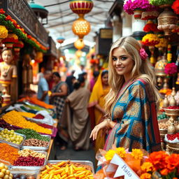 A beautiful blonde woman wearing a colorful traditional Indian outfit, shopping at a bustling Indian market filled with vibrant stalls showcasing fresh fruits, spices, and textiles