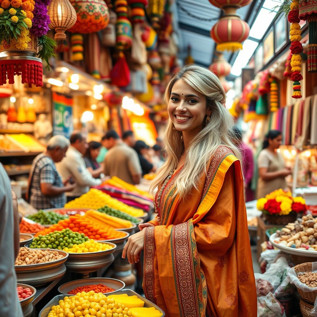 A beautiful blonde woman wearing a colorful traditional Indian outfit, shopping at a bustling Indian market filled with vibrant stalls showcasing fresh fruits, spices, and textiles