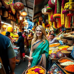 A beautiful blonde woman wearing a colorful traditional Indian outfit, shopping at a bustling Indian market filled with vibrant stalls showcasing fresh fruits, spices, and textiles