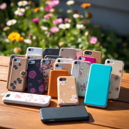 A collection of various smartphone cases displayed artistically on a wooden table
