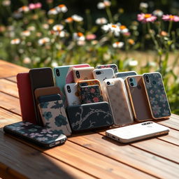 A collection of various smartphone cases displayed artistically on a wooden table