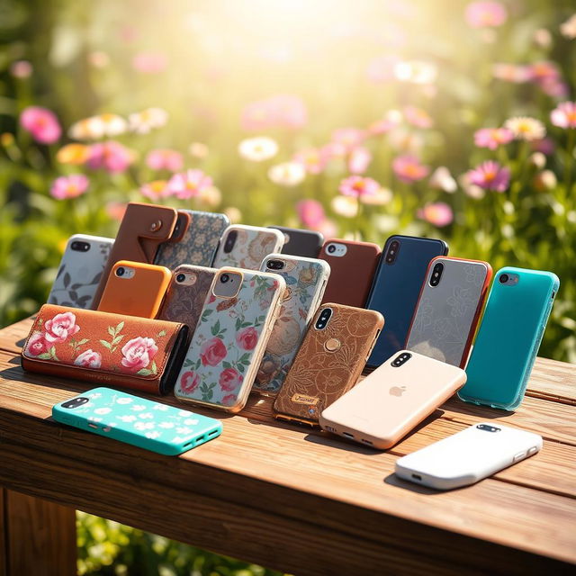 A collection of various smartphone cases displayed artistically on a wooden table