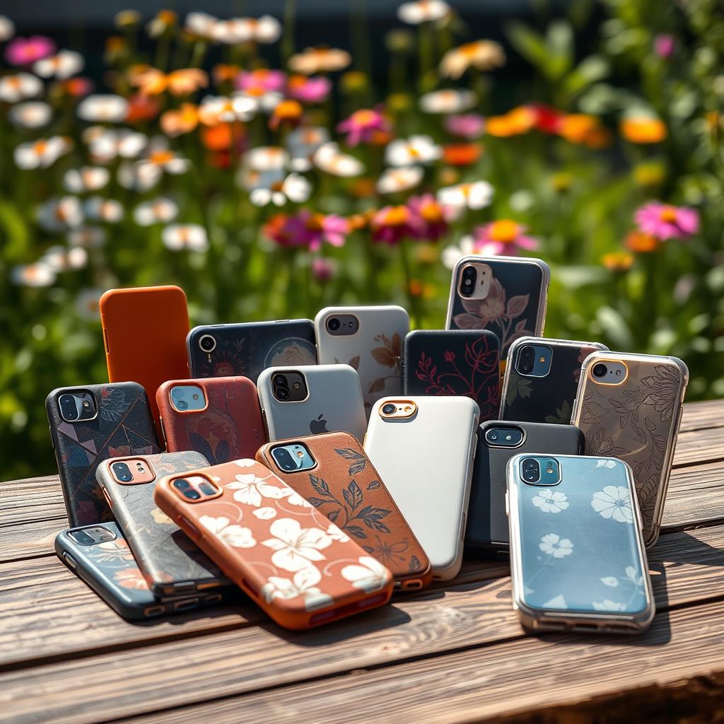 A collection of various smartphone cases displayed artistically on a wooden table