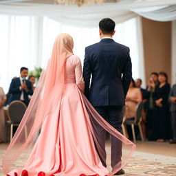 A romantic nikah event scene featuring a beautiful couple captured from behind