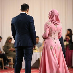 A romantic nikah event scene featuring a beautiful couple captured from behind