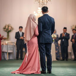A romantic nikah event scene featuring a beautiful couple captured from behind