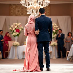 A romantic nikah event scene featuring a beautiful couple captured from behind