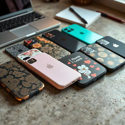 A stunning display of different phone cases arranged neatly on a textured concrete surface