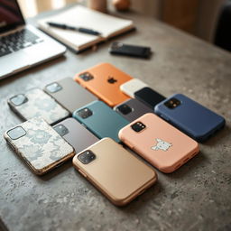A stunning display of different phone cases arranged neatly on a textured concrete surface