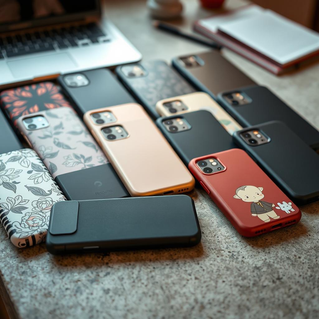 A stunning display of different phone cases arranged neatly on a textured concrete surface