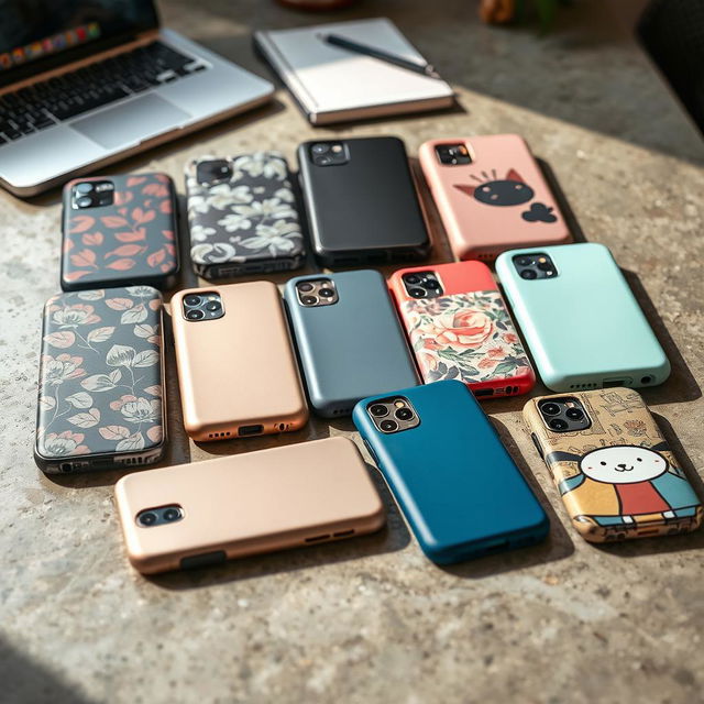 A stunning display of different phone cases arranged neatly on a textured concrete surface