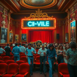 A vibrant and nostalgic scene depicting a cinema hall from the 1970s