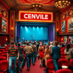 A vibrant and nostalgic scene depicting a cinema hall from the 1970s
