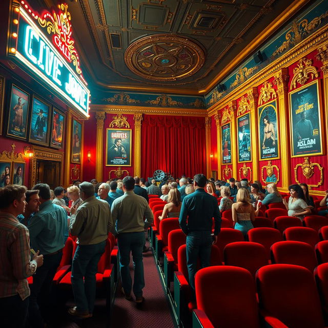 A vibrant and nostalgic scene depicting a cinema hall from the 1970s