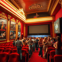 A vibrant and nostalgic scene depicting a cinema hall from the 1970s