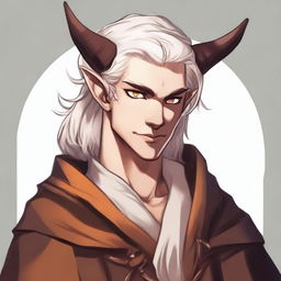 A high-quality digital art piece presents a young tiefling with fluffy, medium-length white hair styled half up, half down with curtain bangs