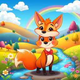 A vibrant and whimsical cartoon landscape with rolling hills, colorful trees, and a bright blue sky