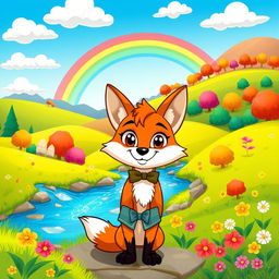 A vibrant and whimsical cartoon landscape with rolling hills, colorful trees, and a bright blue sky