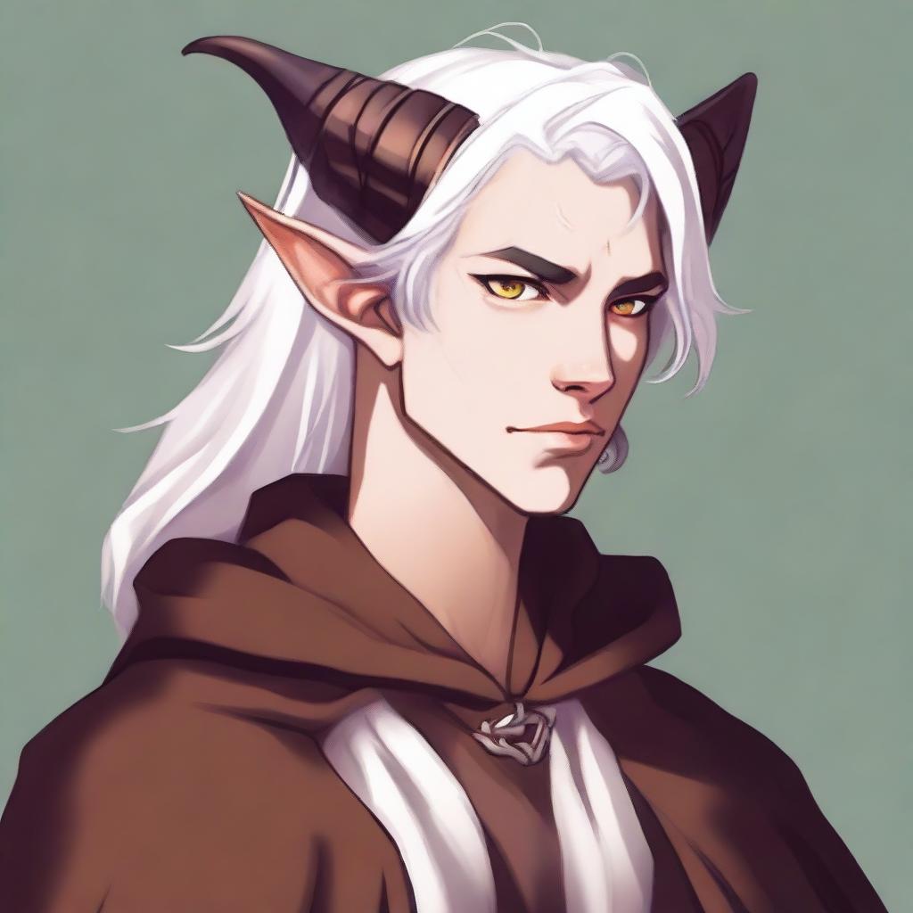 A high-quality digital art piece presents a young tiefling with fluffy, medium-length white hair styled half up, half down with curtain bangs