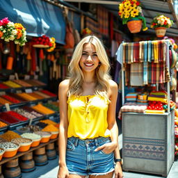 A stylish blonde woman wearing a bright yellow top and denim shorts, standing outside an Indian market