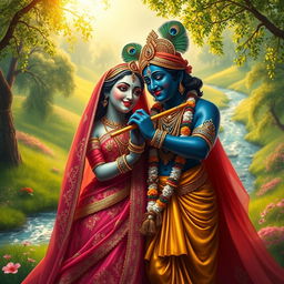 A serene and divine depiction of the Hindu deities Radha and Krishna, showcasing their deep love and connection