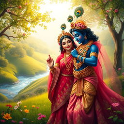 A serene and divine depiction of the Hindu deities Radha and Krishna, showcasing their deep love and connection