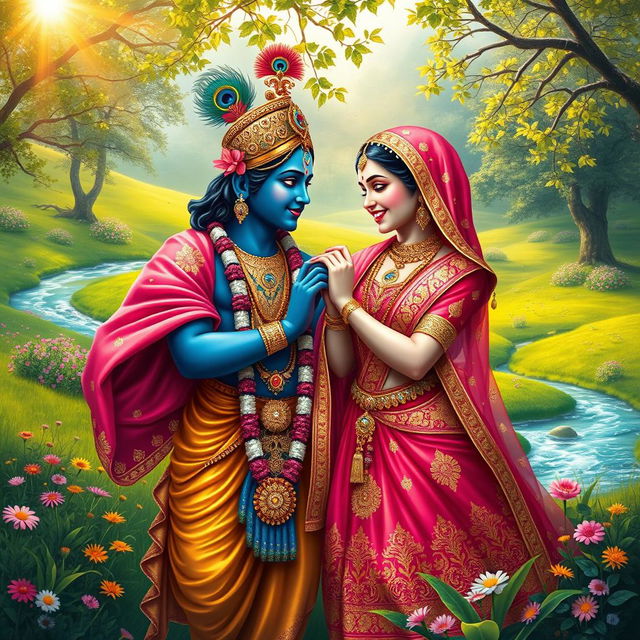 A serene and divine depiction of the Hindu deities Radha and Krishna, showcasing their deep love and connection