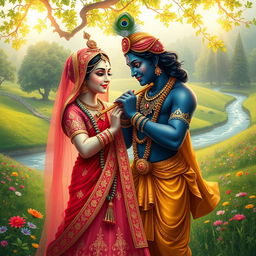 A serene and divine depiction of the Hindu deities Radha and Krishna, showcasing their deep love and connection